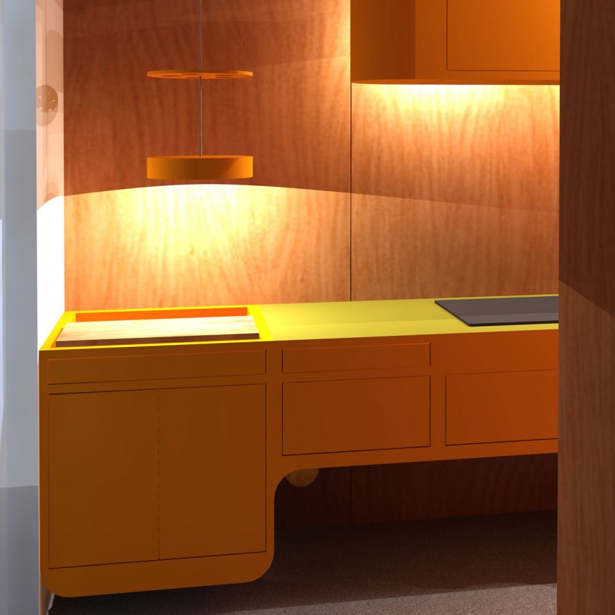 organische oranje corian keuken, mid-century modern kitchen